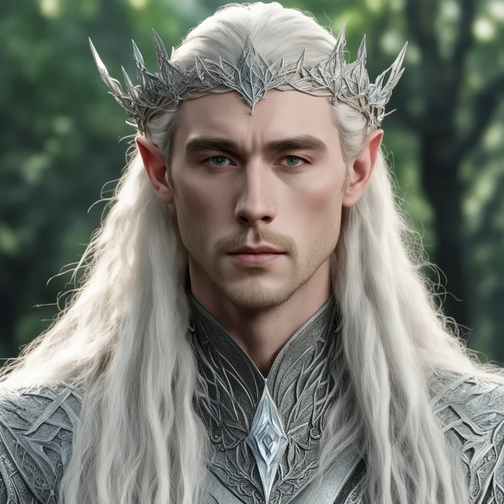 king thranduil with blond hair and braids wearing silver ivy leaf elvish circlet encrusted with diamonds with large center diamond good looking trending fantastic 1