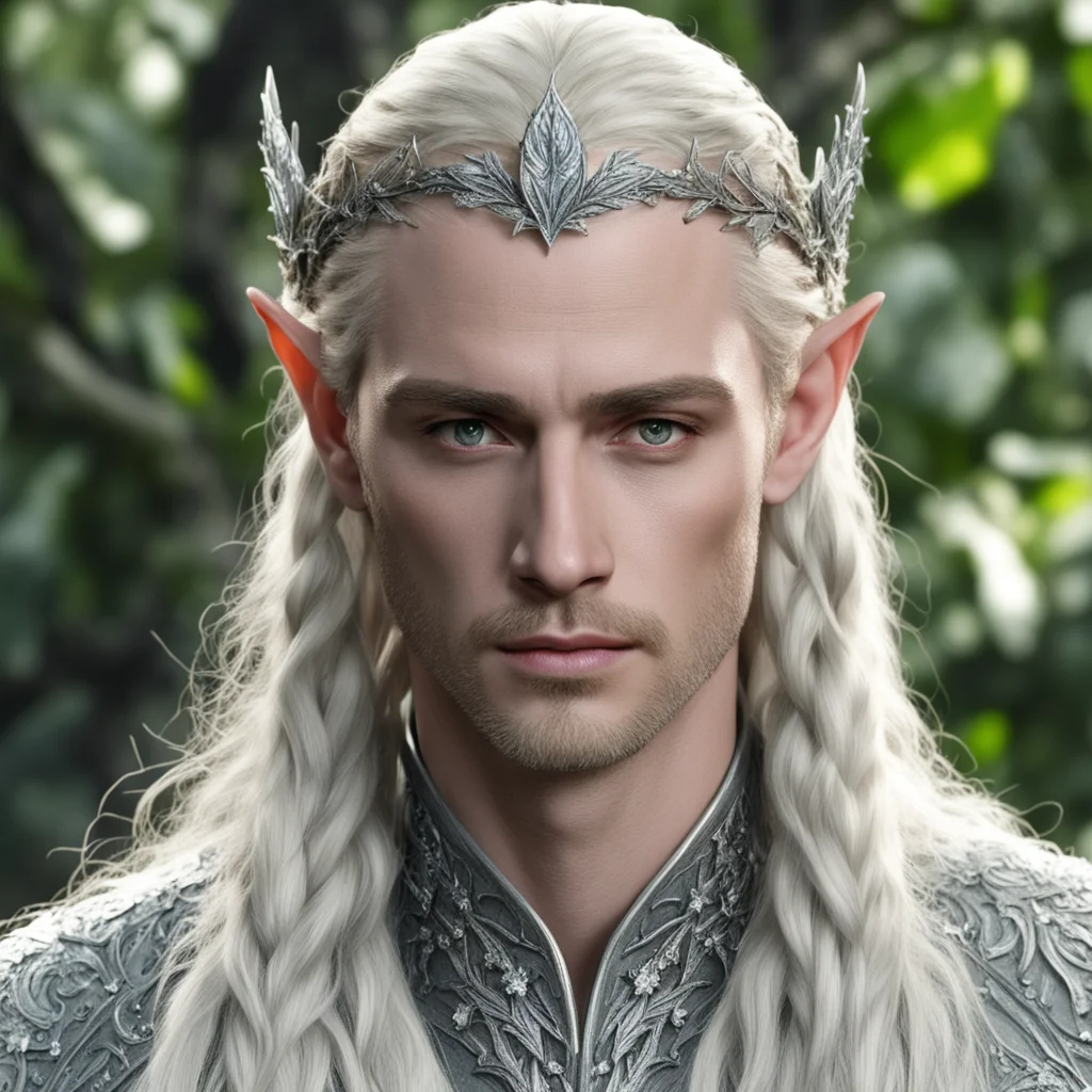 king thranduil with blond hair and braids wearing silver ivy leaf elvish circlet encrusted with diamonds with large center diamond