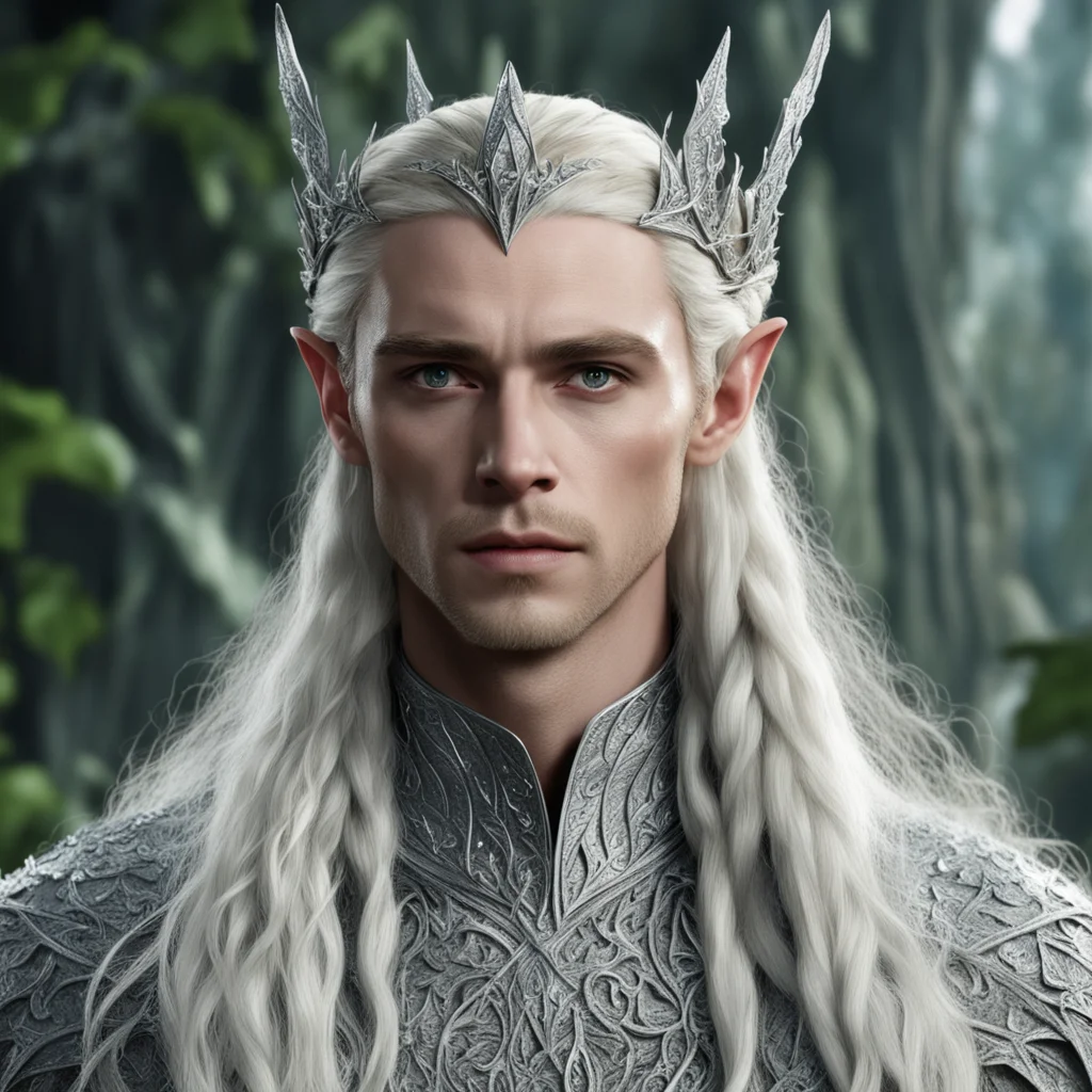 king thranduil with blond hair and braids wearing silver ivy leaves silver elvish circlet encrusted with diamonds and large center diamond amazing awesome portrait 2