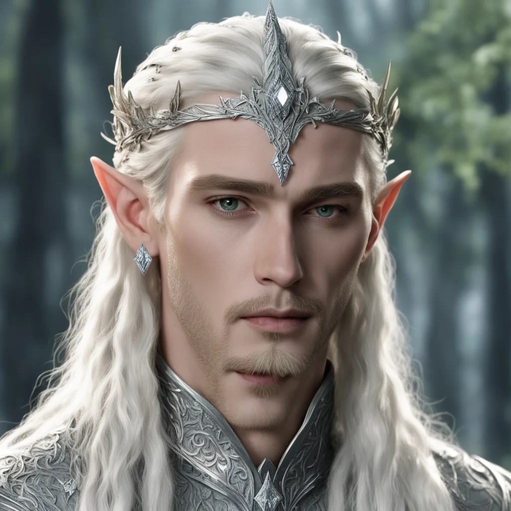 king thranduil with blond hair and braids wearing silver ivy leaves silver elvish circlet encrusted with diamonds and large center diamond good looking trending fantastic 1