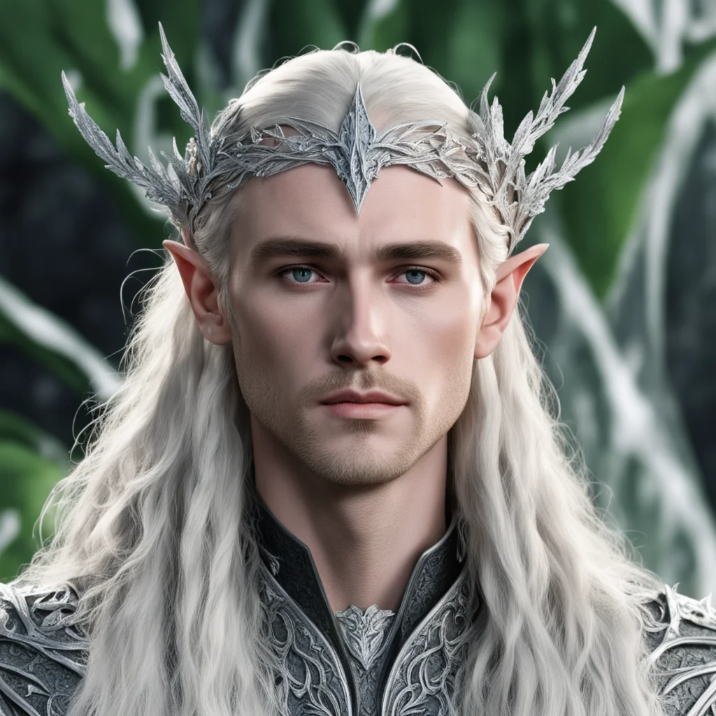 king thranduil with blond hair and braids wearing silver ivy leaves silver elvish circlet encrusted with diamonds and large center diamond