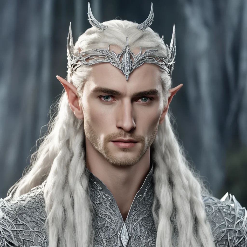 king thranduil with blond hair and braids wearing silver ivy on silver elvish circlet encrusted with diamonds with large center diamond  confident engaging wow artstation art 3