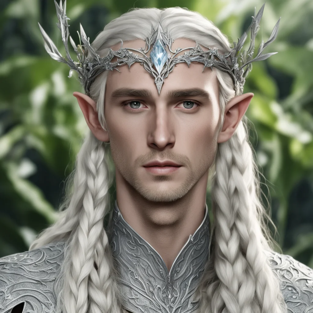 aiking thranduil with blond hair and braids wearing silver ivy vine silver elvish circlet encrusted with diamonds with large diamond in the center amazing awesome portrait 2