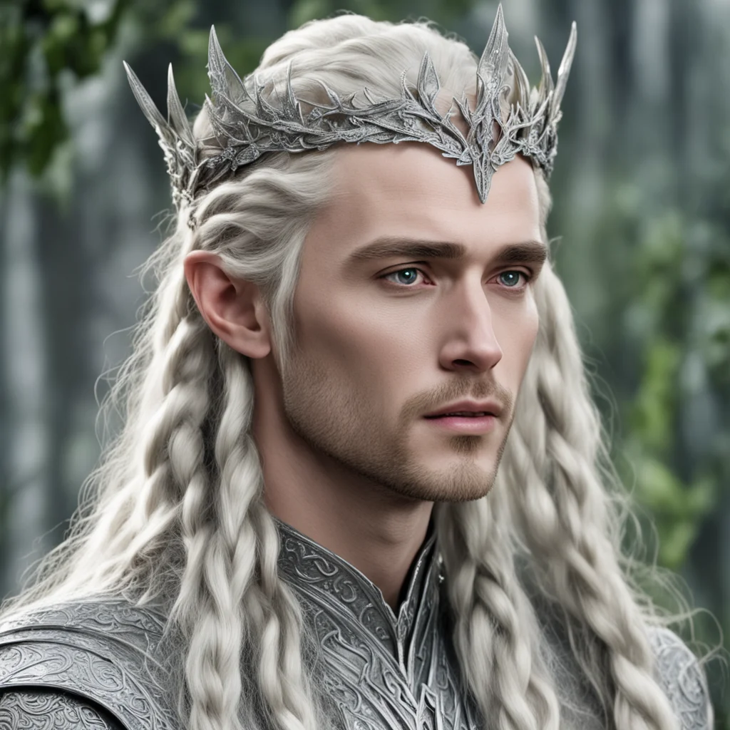 king thranduil with blond hair and braids wearing silver ivy vine silver elvish circlet encrusted with diamonds with large diamond in the center good looking trending fantastic 1