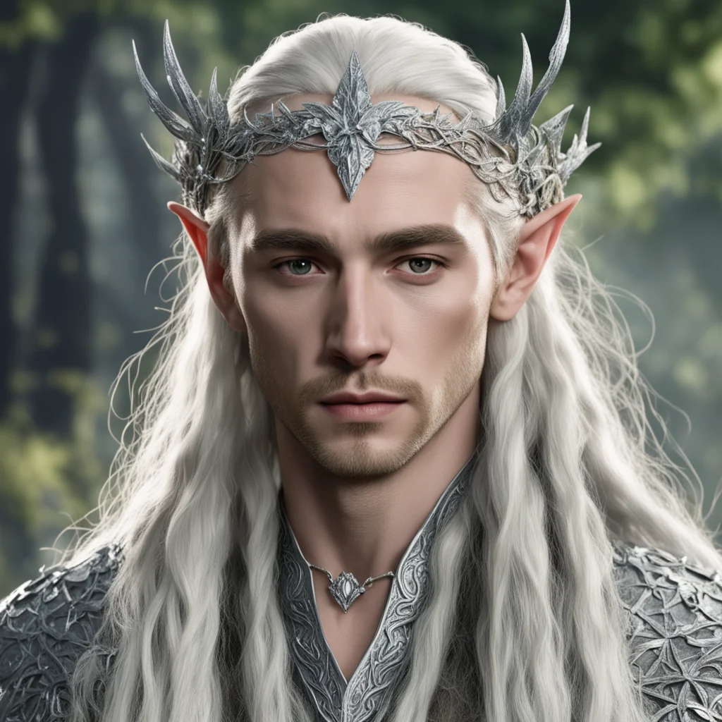 king thranduil with blond hair and braids wearing silver ivy vine silver elvish circlet encrusted with diamonds with large diamond in the center