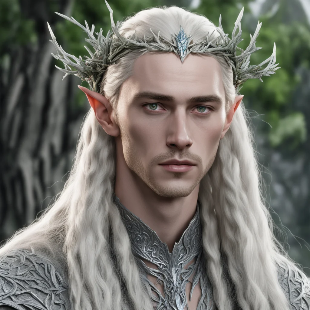king thranduil with blond hair and braids wearing silver juniper twigs with diamond berry to form silver elvish circlet with large center diamond  confident engaging wow artstation art 3