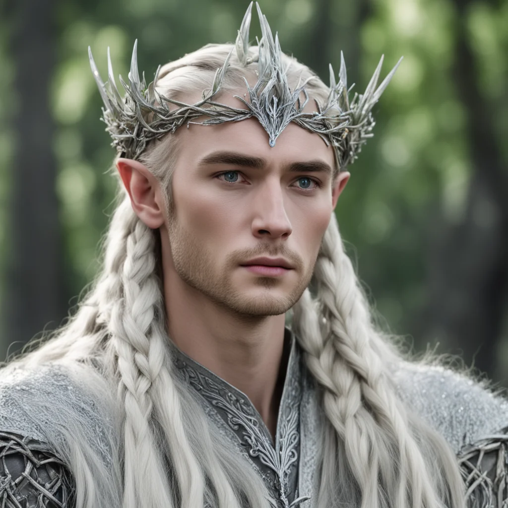 king thranduil with blond hair and braids wearing silver juniper twigs with diamond berry to form silver elvish circlet with large center diamond  good looking trending fantastic 1
