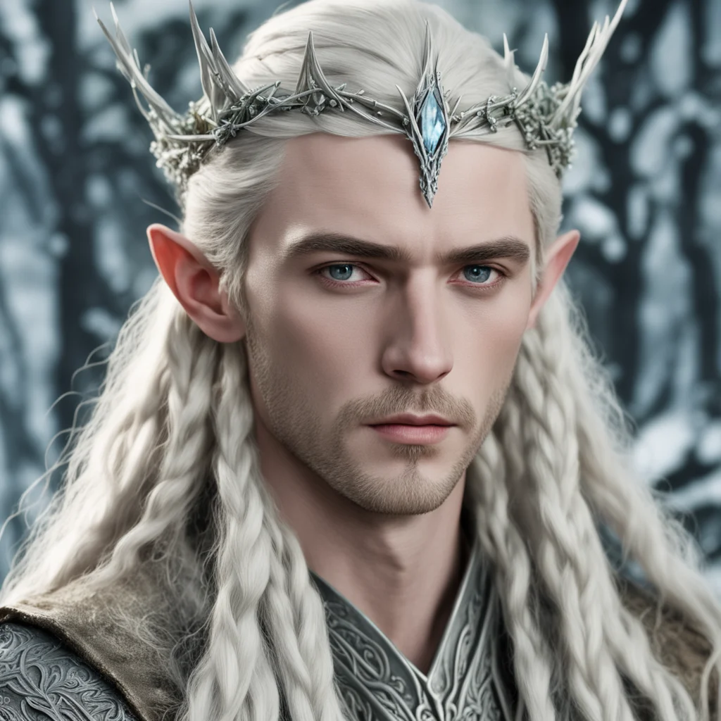 king thranduil with blond hair and braids wearing silver juniper twigs with diamond berry to form silver elvish circlet with large center diamond 