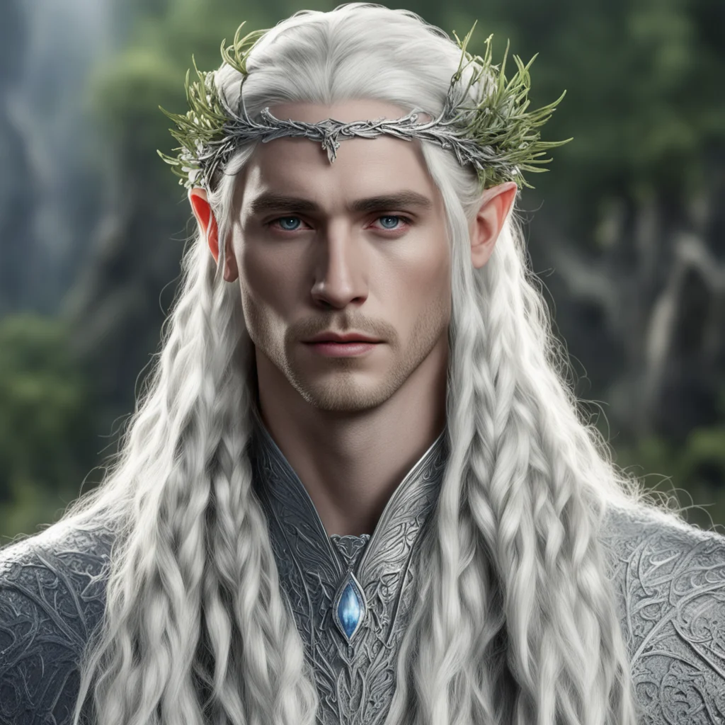 king thranduil with blond hair and braids wearing silver juniper twigs with diamond berry to form silver elvish circlet with large center diamond amazing awesome portrait 2
