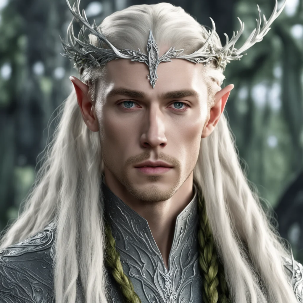 king thranduil with blond hair and braids wearing silver juniper twigs with diamond berry to form silver elvish circlet with large center diamond good looking trending fantastic 1
