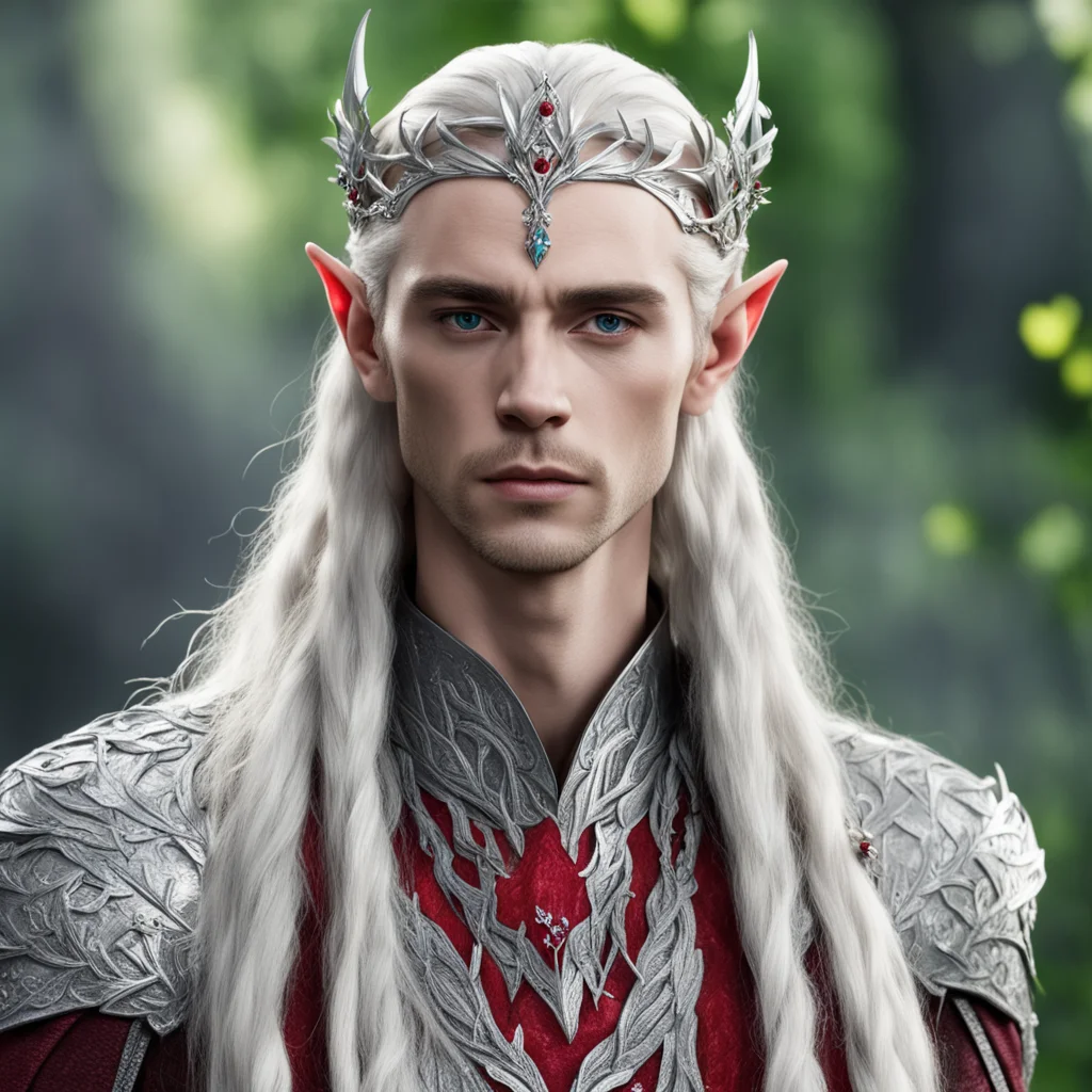 king thranduil with blond hair and braids wearing silver laurel and red diamond berry silver elvish circlet with large center diamond amazing awesome portrait 2