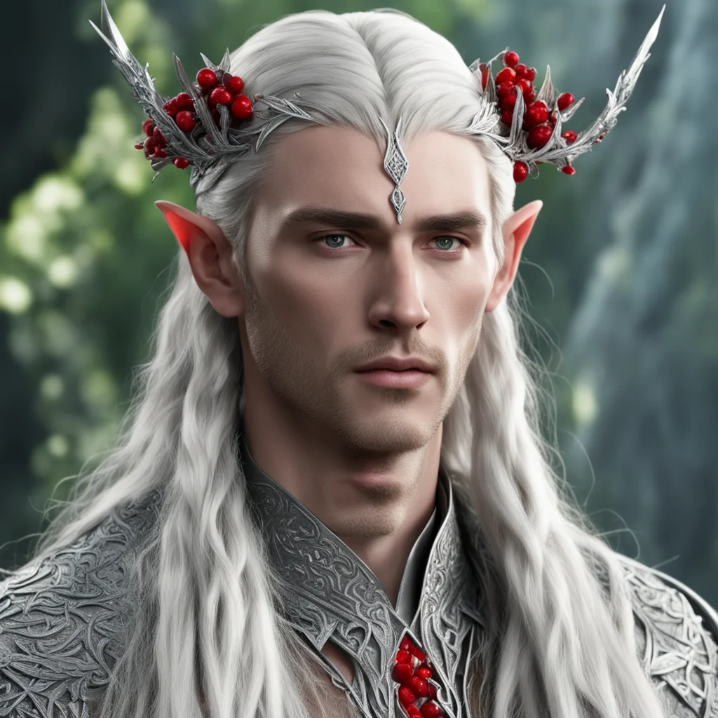 aiking thranduil with blond hair and braids wearing silver laurel and red diamond berry silver elvish circlet with large center diamond good looking trending fantastic 1