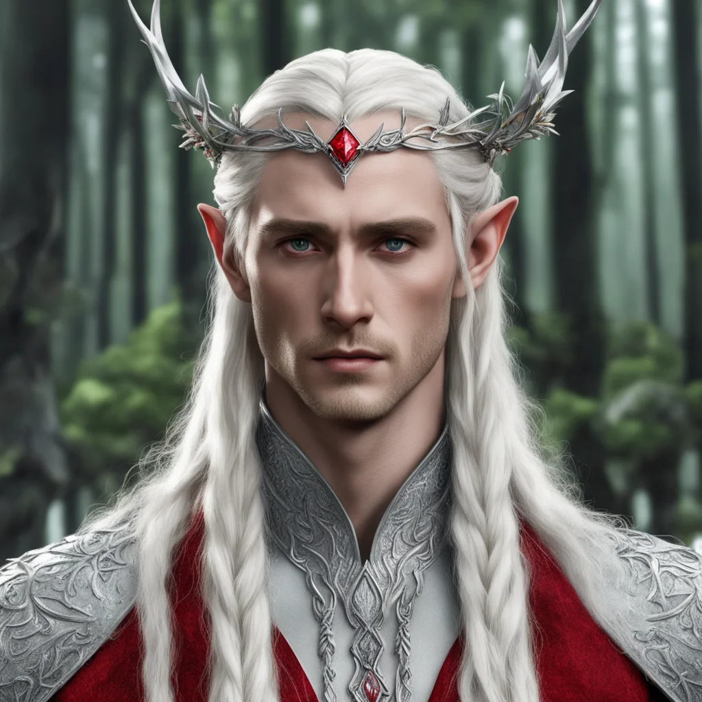 king thranduil with blond hair and braids wearing silver laurel and red diamond berry silver elvish circlet with large center diamond