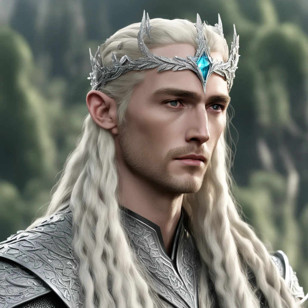 king thranduil with blond hair and braids wearing silver laurel circlet encrusted with diamonds and large diamond clusters