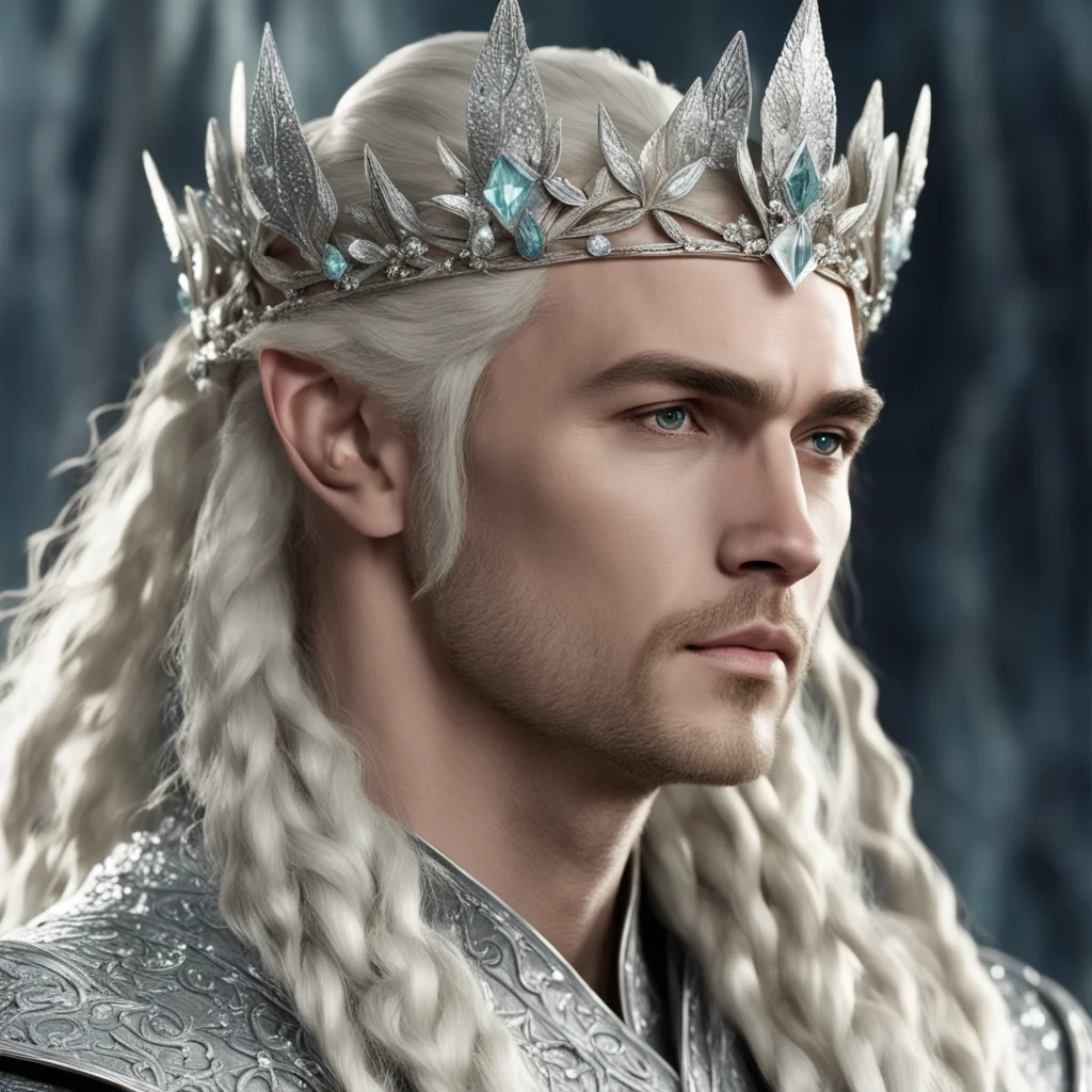 king thranduil with blond hair and braids wearing silver laurel crown encrusted with diamonds and large diamond clusters amazing awesome portrait 2