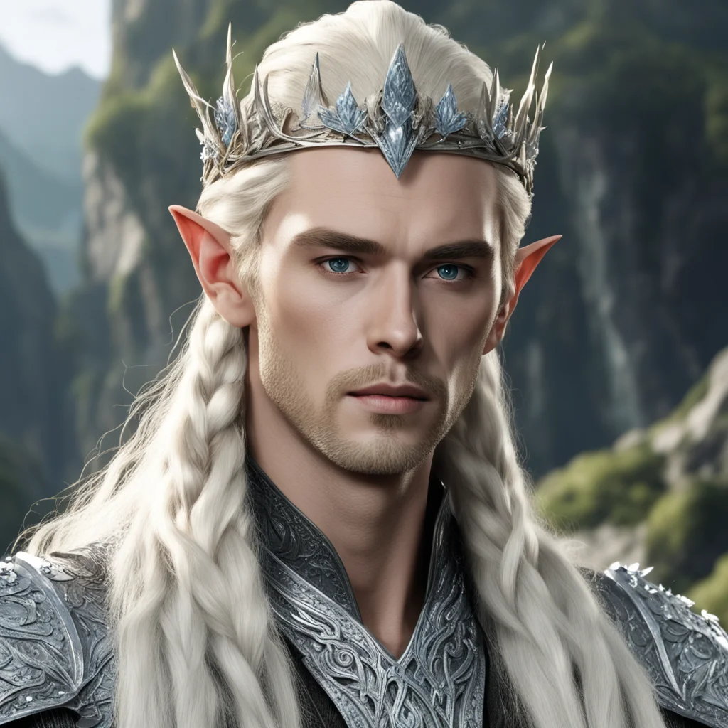 king thranduil with blond hair and braids wearing silver laurel crown encrusted with diamonds and large diamond clusters confident engaging wow artstation art 3