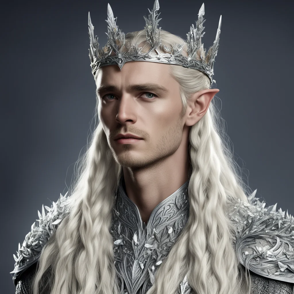 king thranduil with blond hair and braids wearing silver laurel crown encrusted with diamonds and large diamond clusters good looking trending fantastic 1