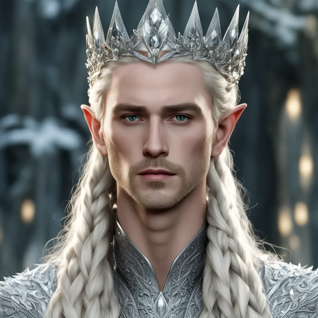 king thranduil with blond hair and braids wearing silver laurel crown encrusted with diamonds and large diamond clusters