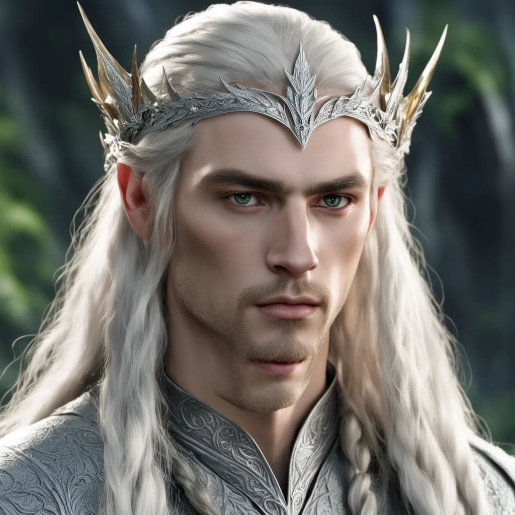 king thranduil with blond hair and braids wearing silver laurel leaf and diamond berry and silver elvish circlet with large center diamond amazing awesome portrait 2