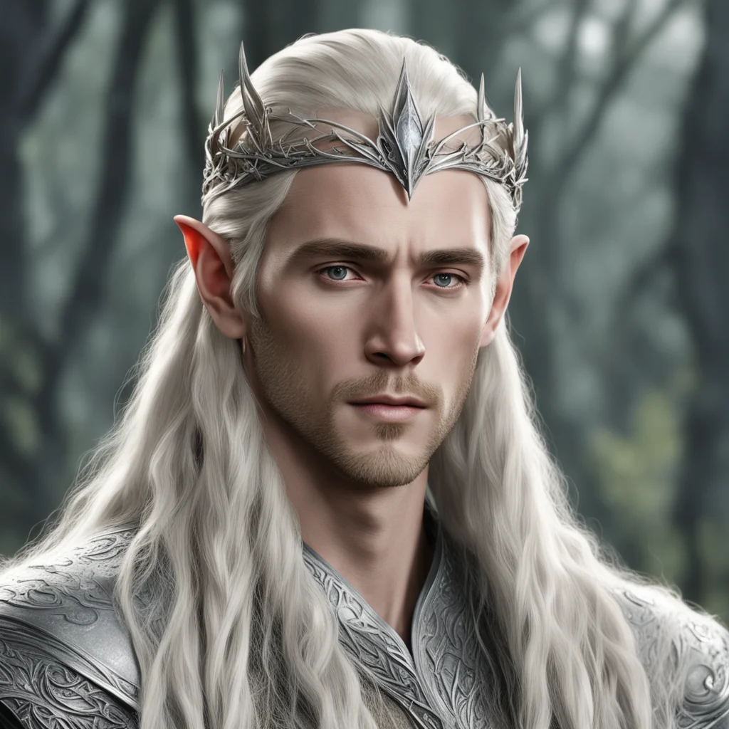 king thranduil with blond hair and braids wearing silver laurel leaf and diamond berry and silver elvish circlet with large center diamond confident engaging wow artstation art 3