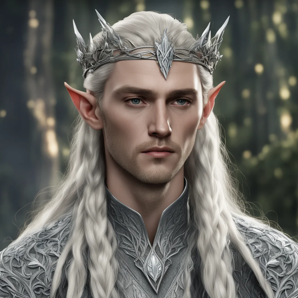 king thranduil with blond hair and braids wearing silver laurel leaf and diamond berry and silver elvish circlet with large center diamond good looking trending fantastic 1