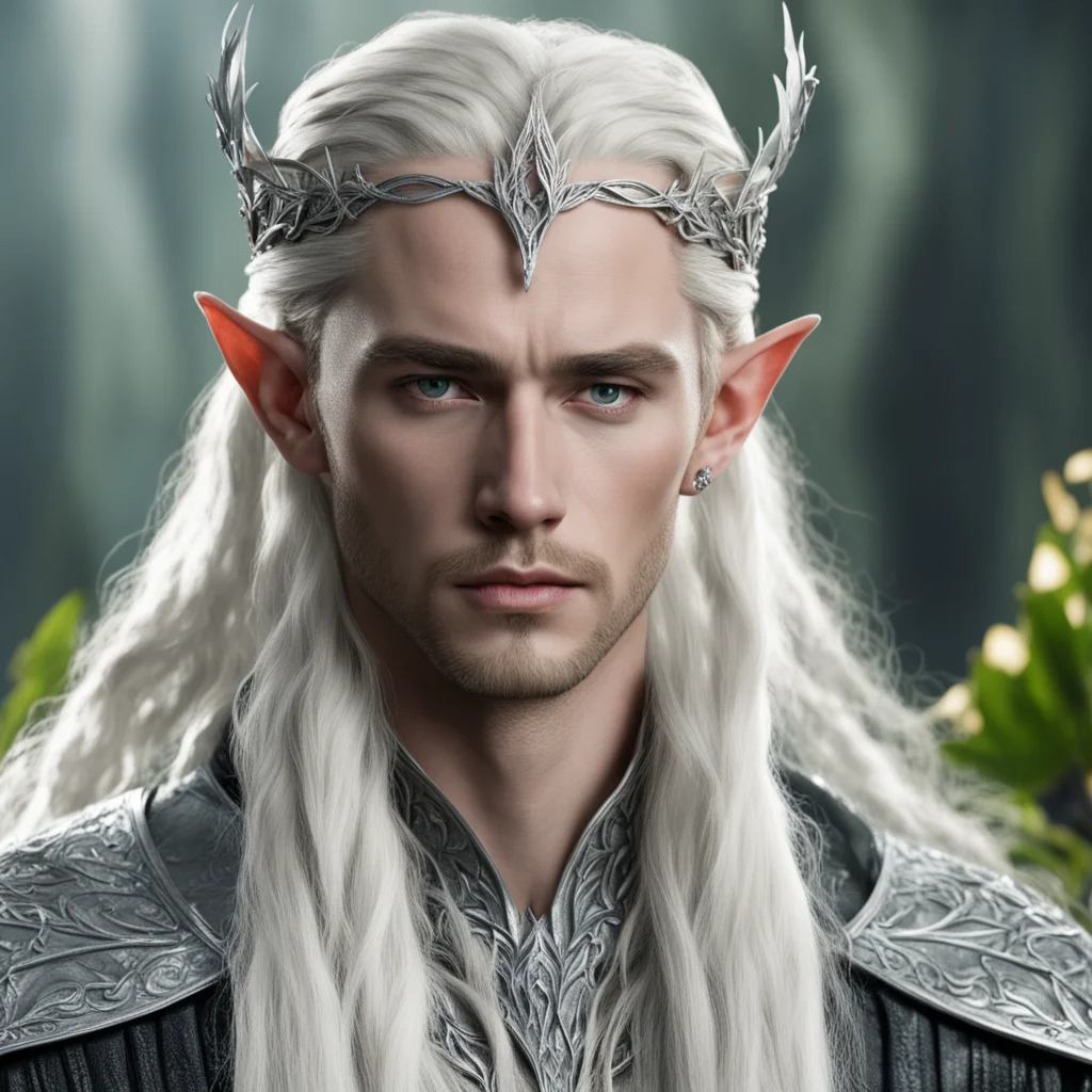 king thranduil with blond hair and braids wearing silver laurel leaf and diamond berry silver elvish circlet with large center diamond good looking trending fantastic 1