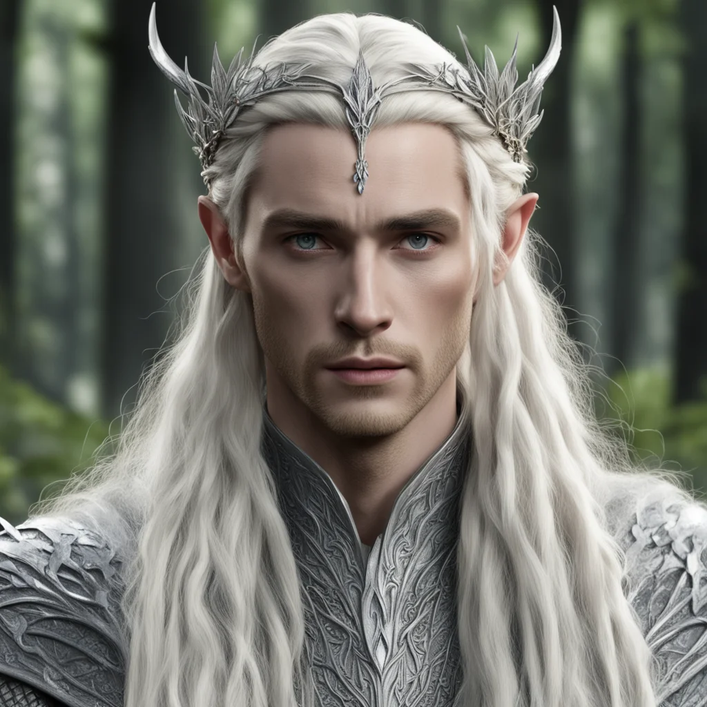 king thranduil with blond hair and braids wearing silver laurel leaf and diamond berry silver elvish circlet with large center diamond
