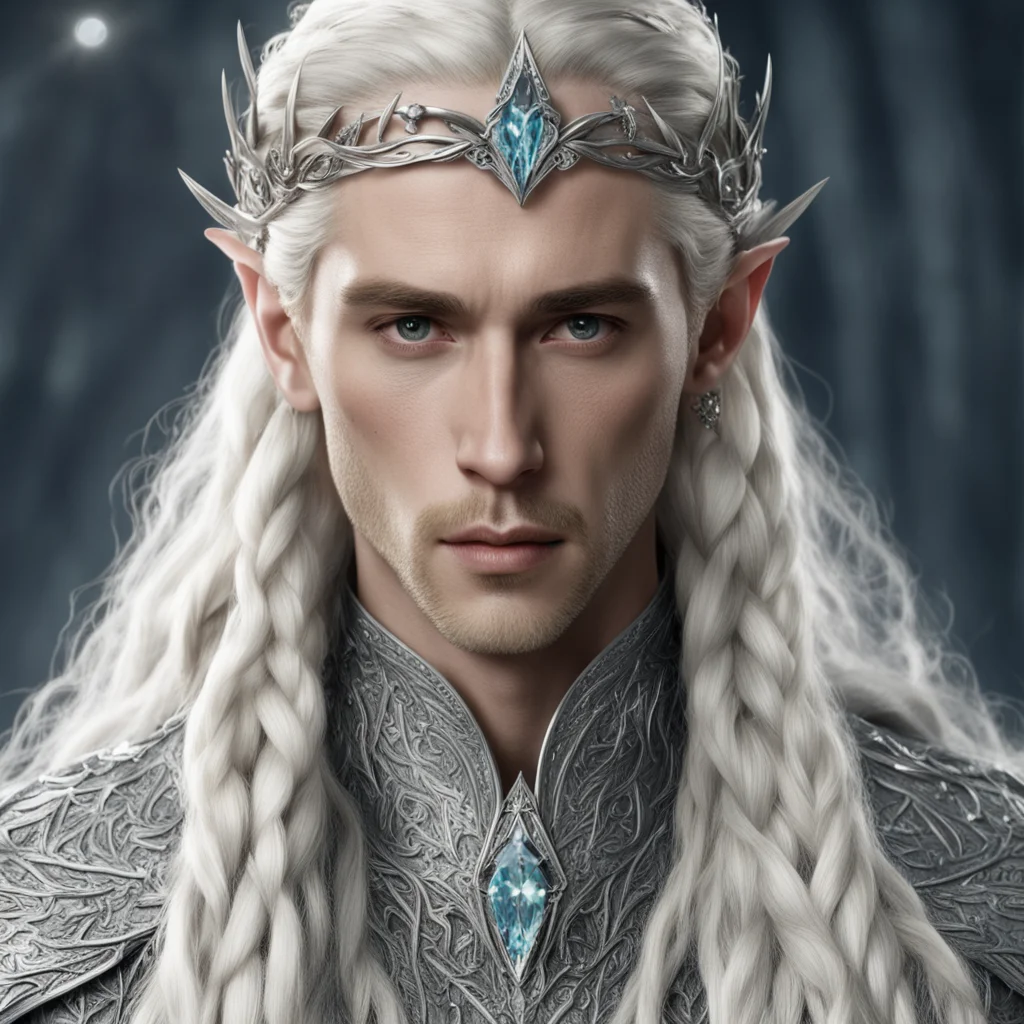 king thranduil with blond hair and braids wearing silver laurel leaf and diamond berry with silver elvish circlet encrusted with diamonds with large center diamond amazing awesome portrait 2