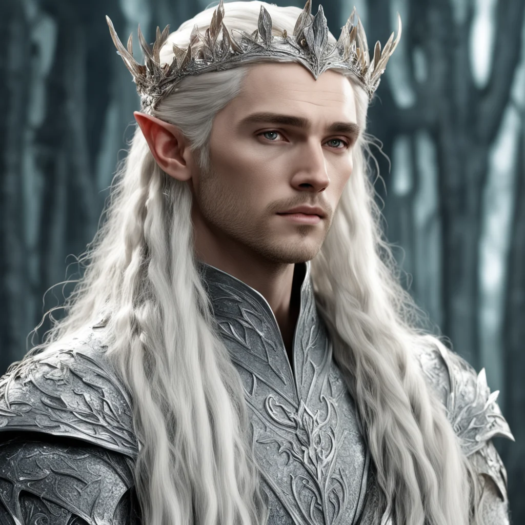 king thranduil with blond hair and braids wearing silver laurel leaf and diamond berry with silver elvish circlet encrusted with diamonds with large center diamond