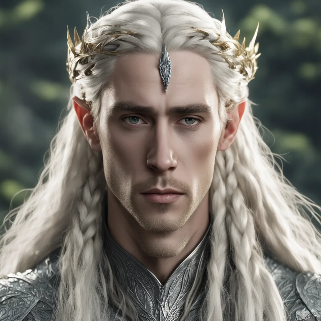king thranduil with blond hair and braids wearing silver laurel leaf and diamond strings in the hair confident engaging wow artstation art 3
