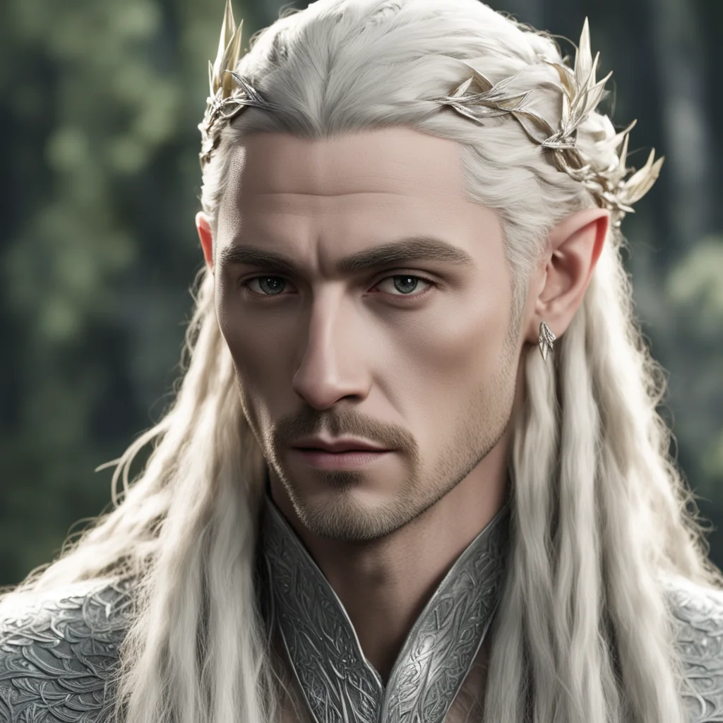 king thranduil with blond hair and braids wearing silver laurel leaf and diamond strings in the hair good looking trending fantastic 1