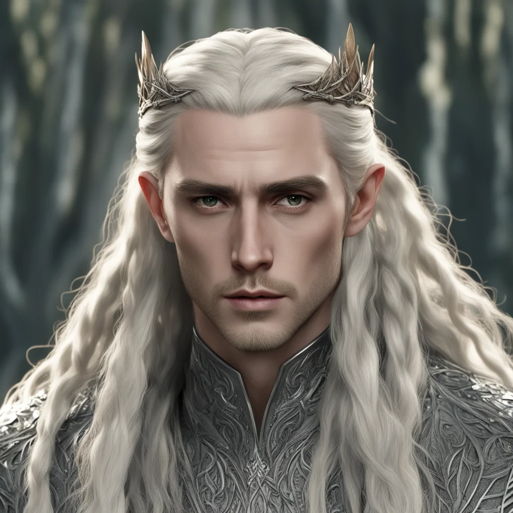 king thranduil with blond hair and braids wearing silver laurel leaf and diamond strings in the hair
