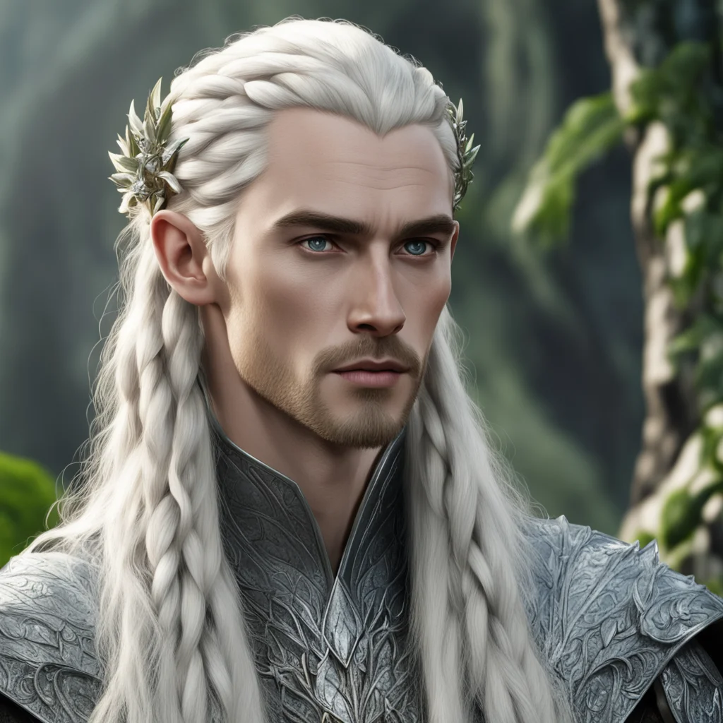 king thranduil with blond hair and braids wearing silver laurel leaf and large diamond berries in hair good looking trending fantastic 1