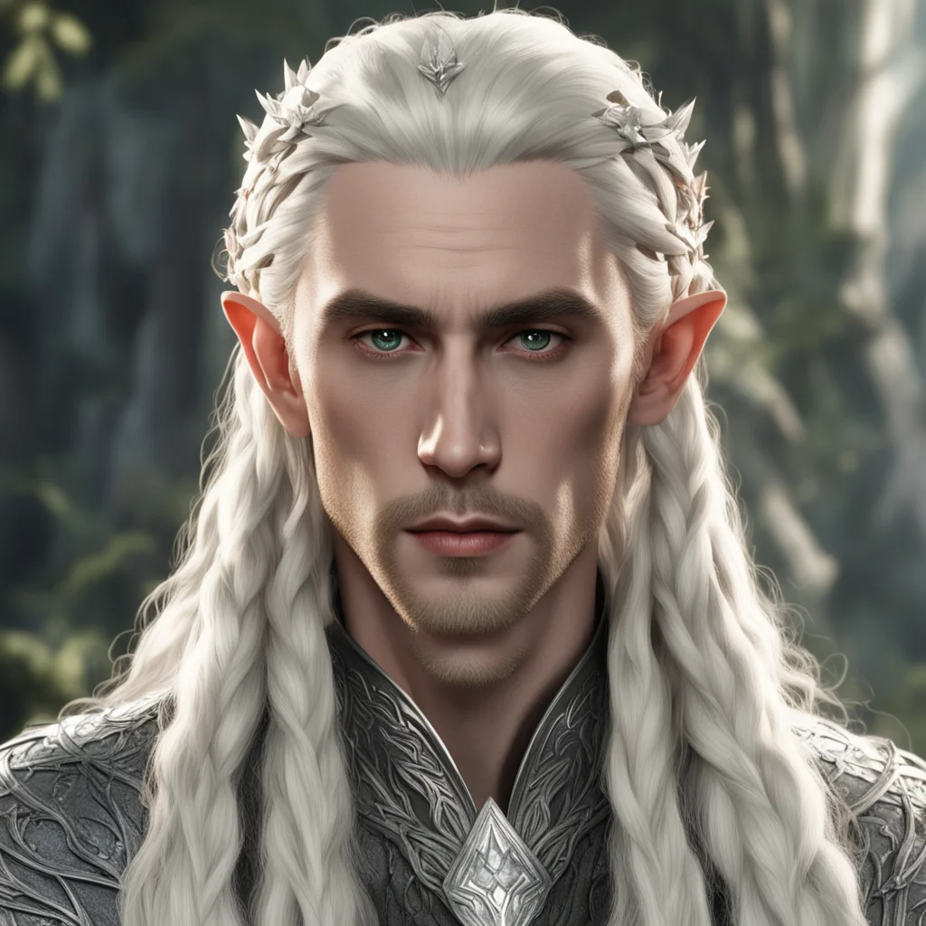 king thranduil with blond hair and braids wearing silver laurel leaf and large diamond berries in hair