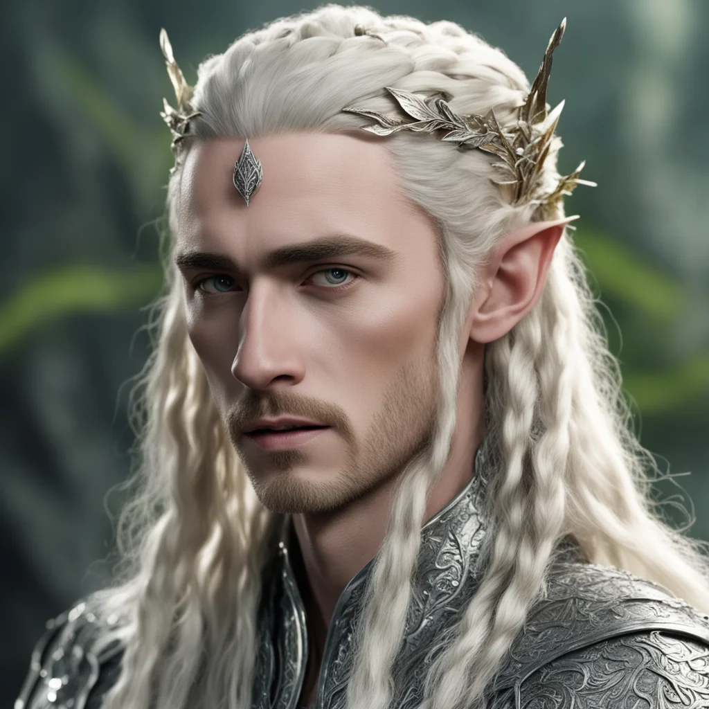 king thranduil with blond hair and braids wearing silver laurel leaf elvish hair forks encrusted with diamonds good looking trending fantastic 1
