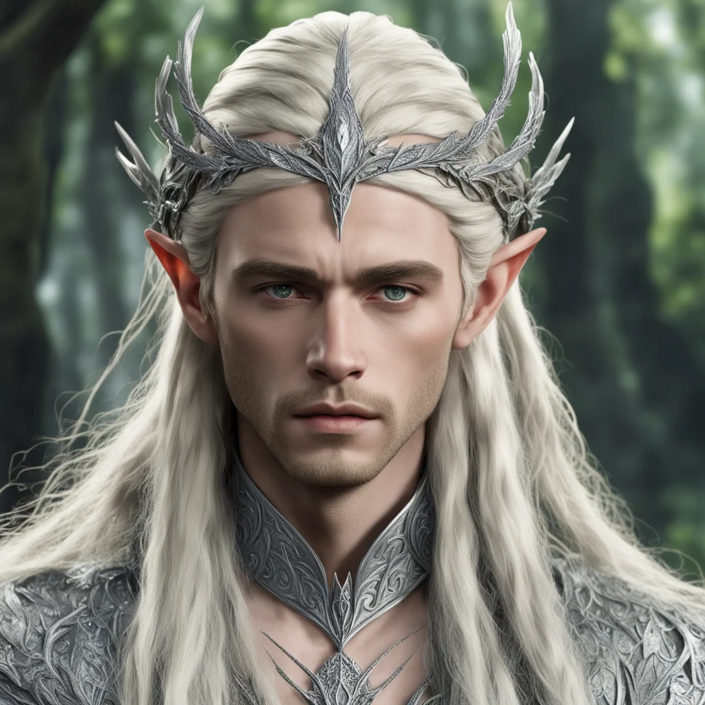 king thranduil with blond hair and braids wearing silver laurel leaf encrusted with diamonds elvish circlet with center diamond good looking trending fantastic 1