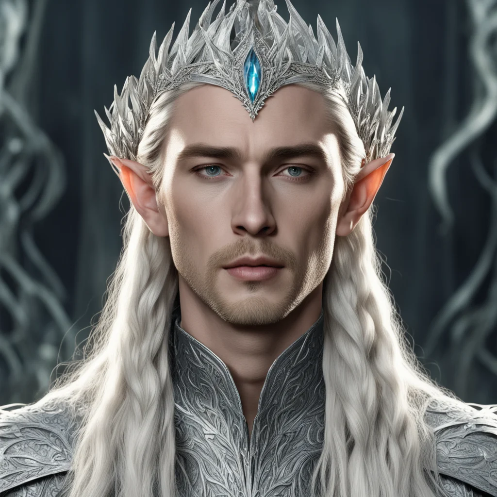 king thranduil with blond hair and braids wearing silver laurel leaf encrusted with diamonds to form silver elvish coronet with large center diamond confident engaging wow artstation art 3
