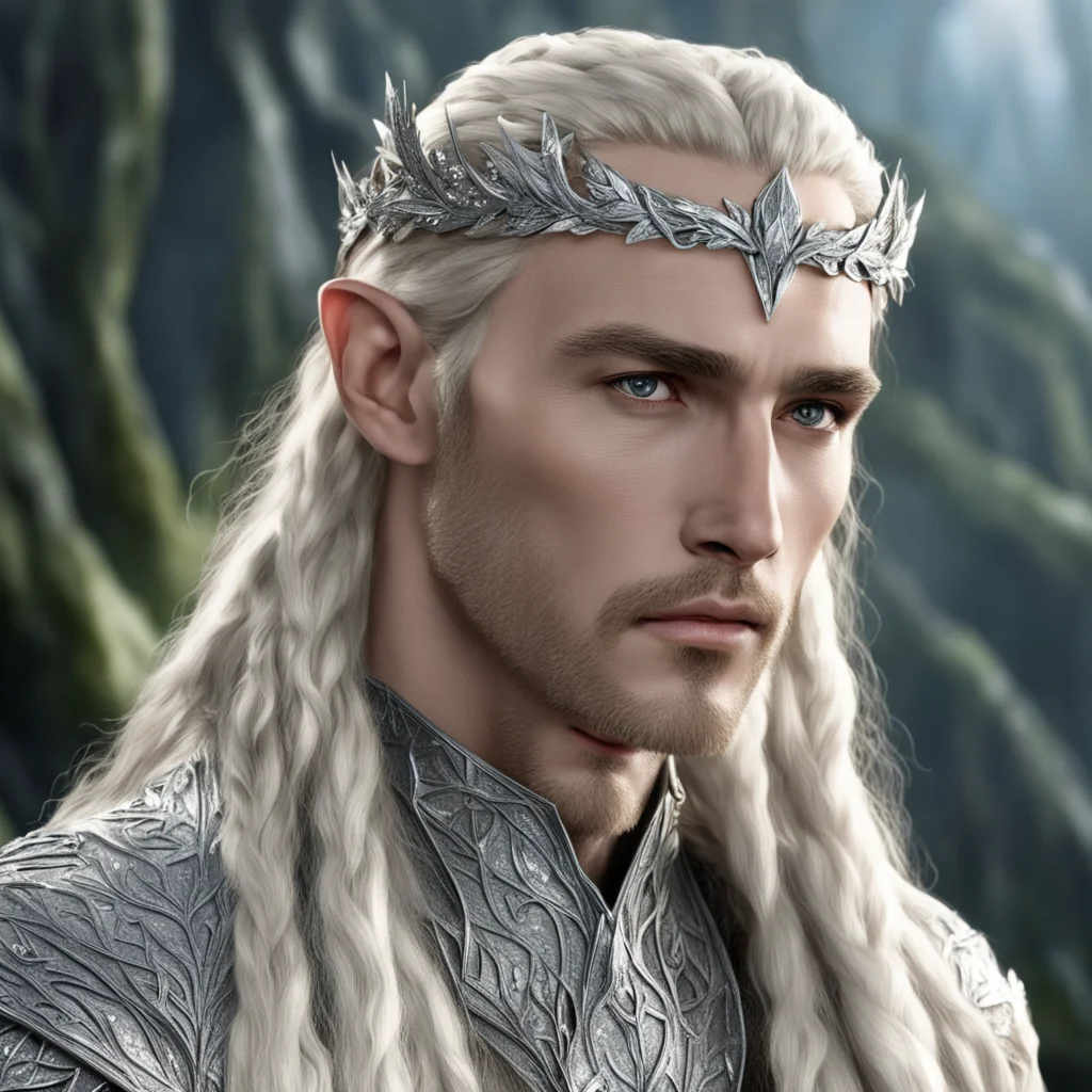 king thranduil with blond hair and braids wearing silver laurel leaf encrusted with diamonds with large diamond clusters and large center diamond  good looking trending fantastic 1