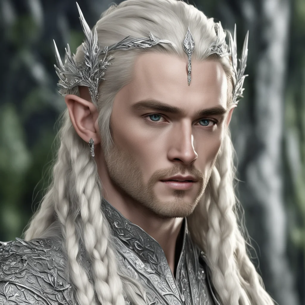 king thranduil with blond hair and braids wearing silver laurel leaf encrusted with diamonds with large diamond clusters to form silver elvish hair forks confident engaging wow artstation art 3