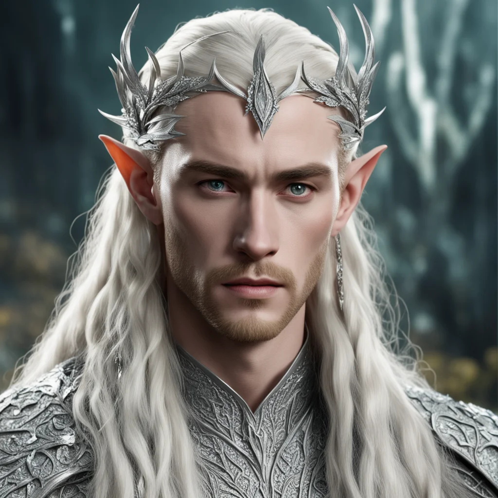 king thranduil with blond hair and braids wearing silver laurel leaf encrusted with diamonds with large diamond clusters to form silver elvish hair forks connected to large center diamond