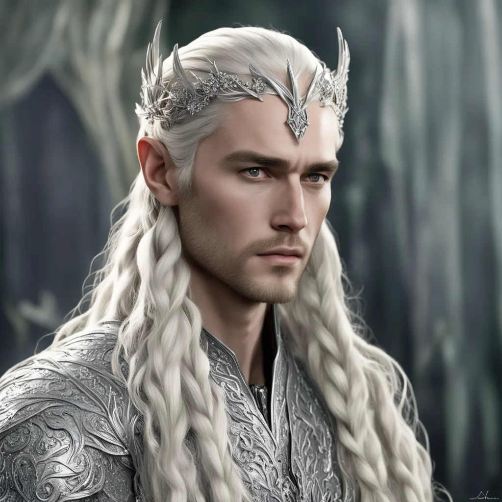 king thranduil with blond hair and braids wearing silver laurel leaf encrusted with diamonds with large diamond clusters to form silver elvish hair forks good looking trending fantastic 1