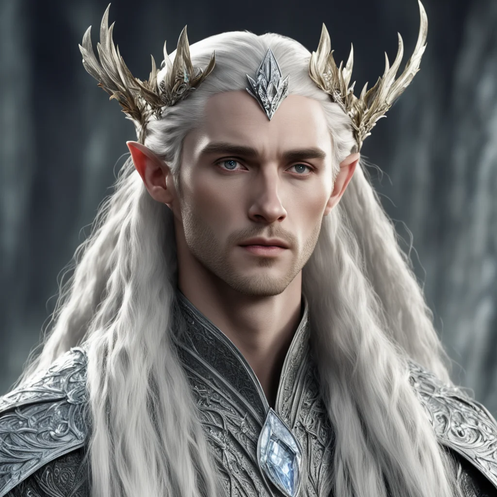 king thranduil with blond hair and braids wearing silver laurel leaves encrusted with diamonds and large diamond berries in silver elvish coroner with large center diamond
