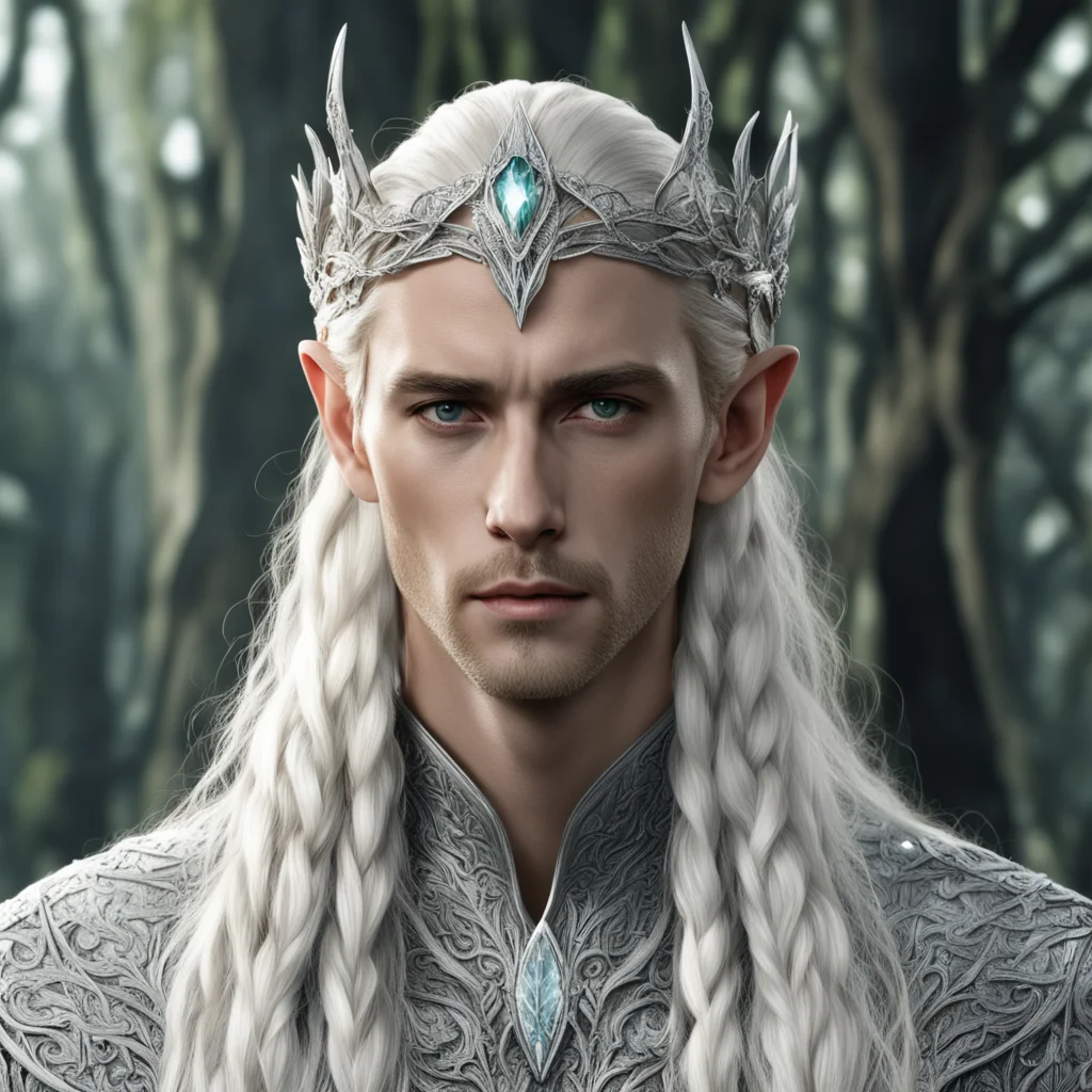 king thranduil with blond hair and braids wearing silver laurel leaves encrusted with diamonds forming a silver elvish circlet with large center diamond amazing awesome portrait 2