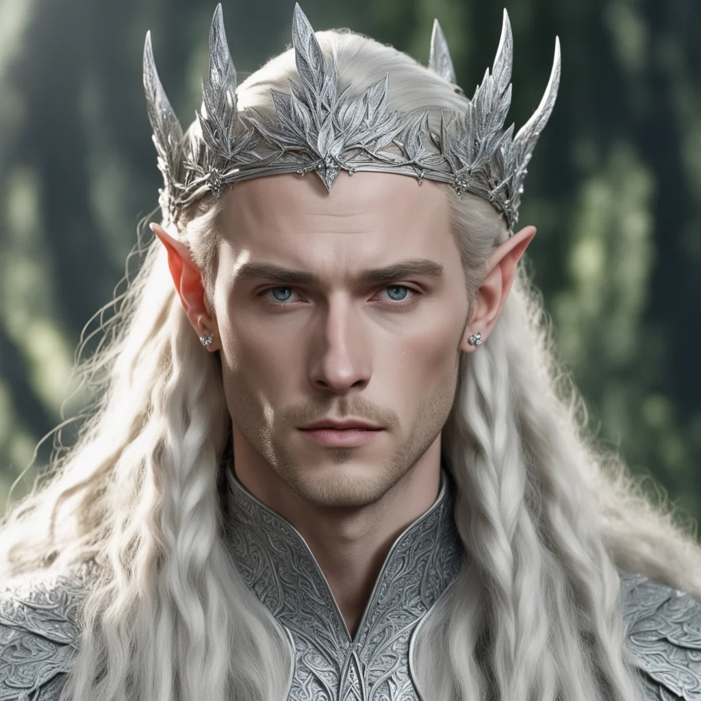 king thranduil with blond hair and braids wearing silver laurel leaves encrusted with diamonds forming a silver elvish circlet with large center diamond confident engaging wow artstation art 3