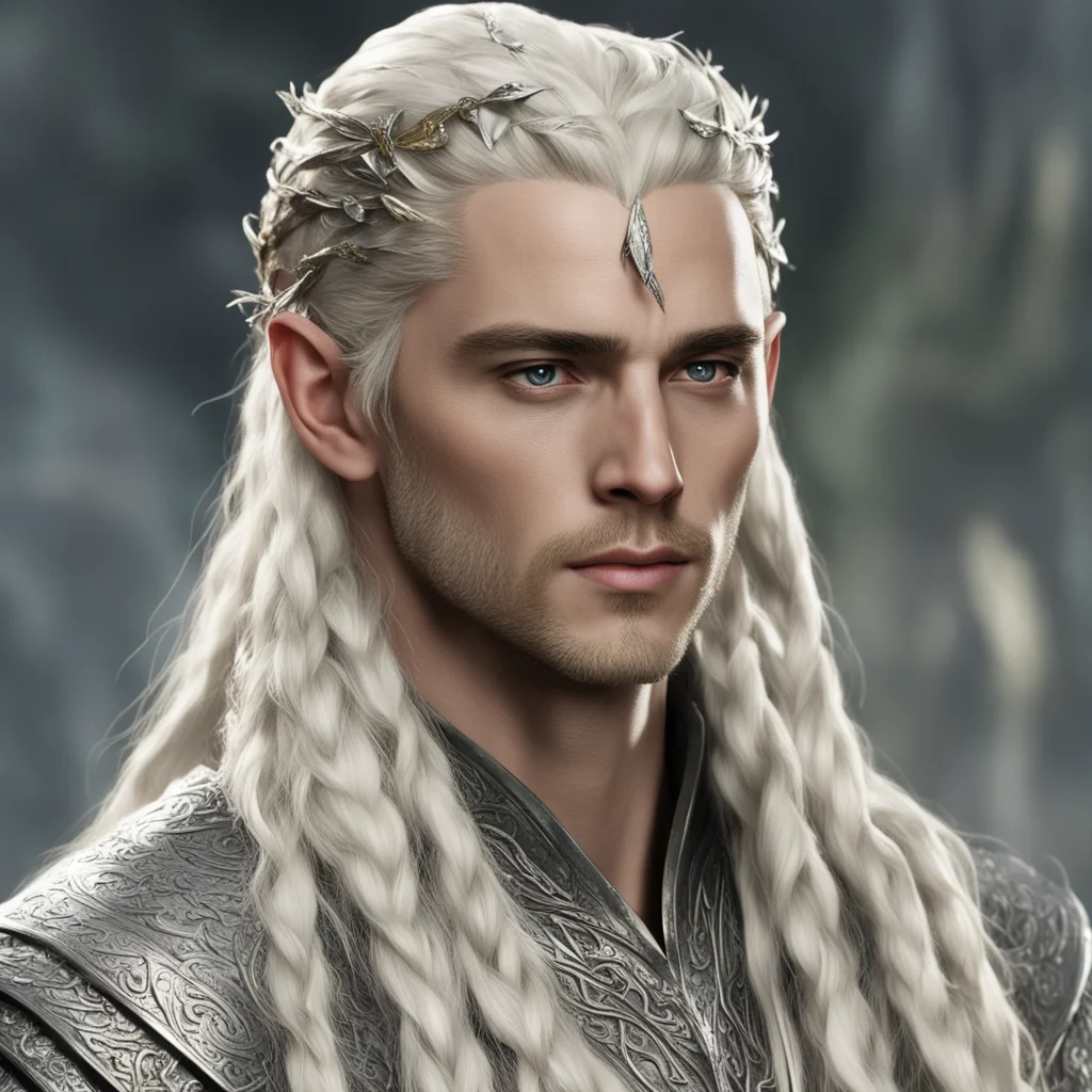 king thranduil with blond hair and braids wearing silver leaf and diamond string in hair confident engaging wow artstation art 3