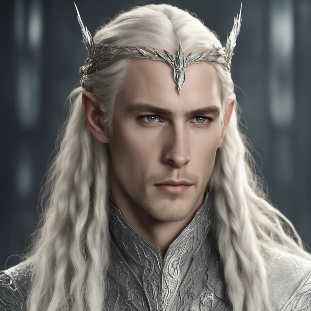 king thranduil with blond hair and braids wearing silver leaf and diamond string in hair