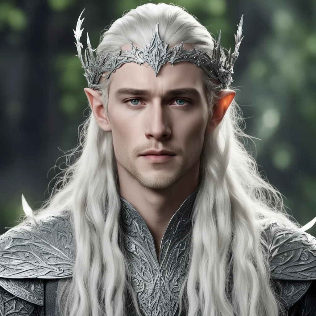 king thranduil with blond hair and braids wearing silver leaf and vine silver elvish circlet encrusted with diamonds confident engaging wow artstation art 3