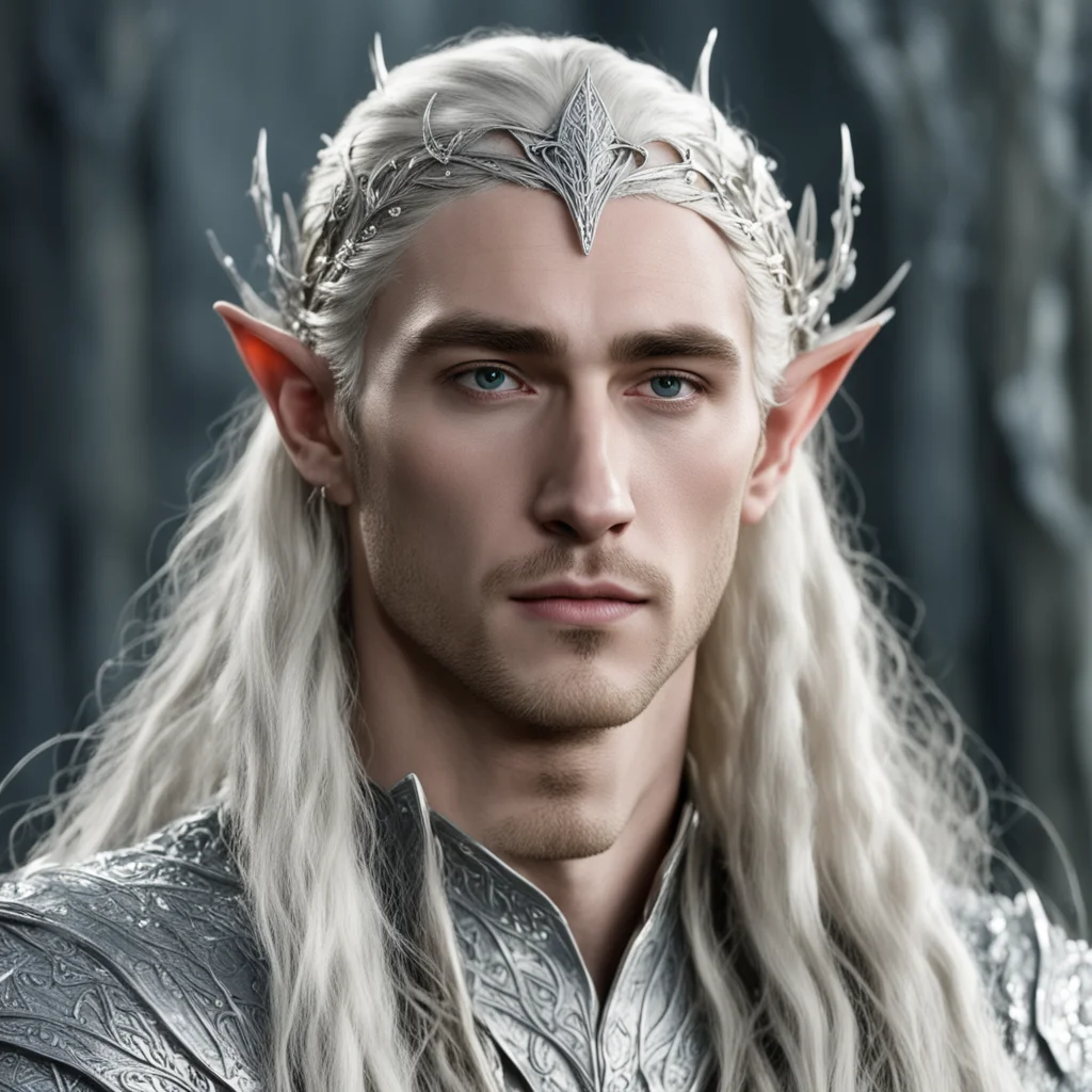 king thranduil with blond hair and braids wearing silver leaf and vine silver elvish circlet encrusted with diamonds good looking trending fantastic 1