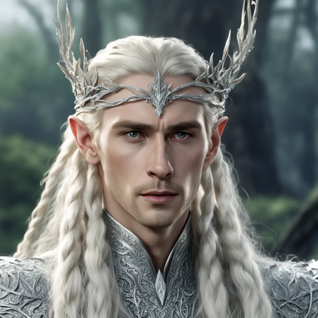 king thranduil with blond hair and braids wearing silver leaf and vine silver elvish circlet encrusted with diamonds with larger center diamond confident engaging wow artstation art 3