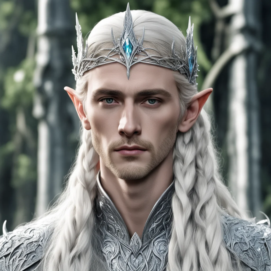 king thranduil with blond hair and braids wearing silver leaf and vine silver elvish circlet encrusted with diamonds with larger center diamond